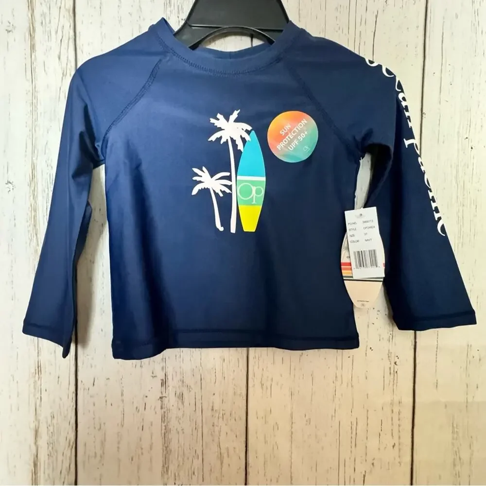 Ocean Pacific Toddler Long Sleeve Navy  Sun Protection Swim Top  UPF 50+  Sz 3T